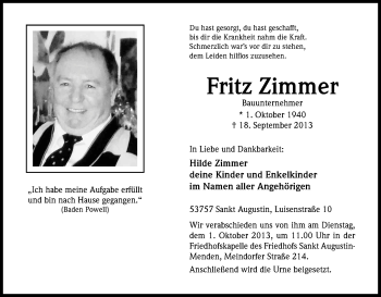 Anzeige von Fritz Zimmer von Kölner Stadt-Anzeiger / Kölnische Rundschau / Express