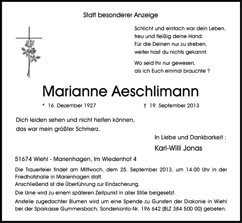 Traueranzeige für Marianne Aeschlimann vom 23.09.2013 aus Kölner Stadt-Anzeiger / Kölnische Rundschau / Express