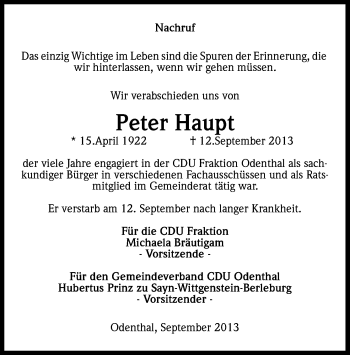 Anzeige von Peter Haupt von Kölner Stadt-Anzeiger / Kölnische Rundschau / Express