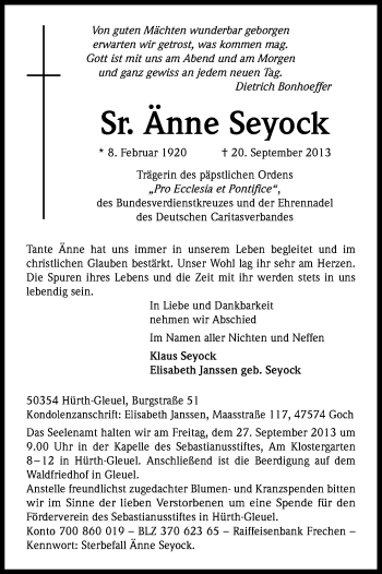 Anzeige von Änne Seyock von Kölner Stadt-Anzeiger / Kölnische Rundschau / Express