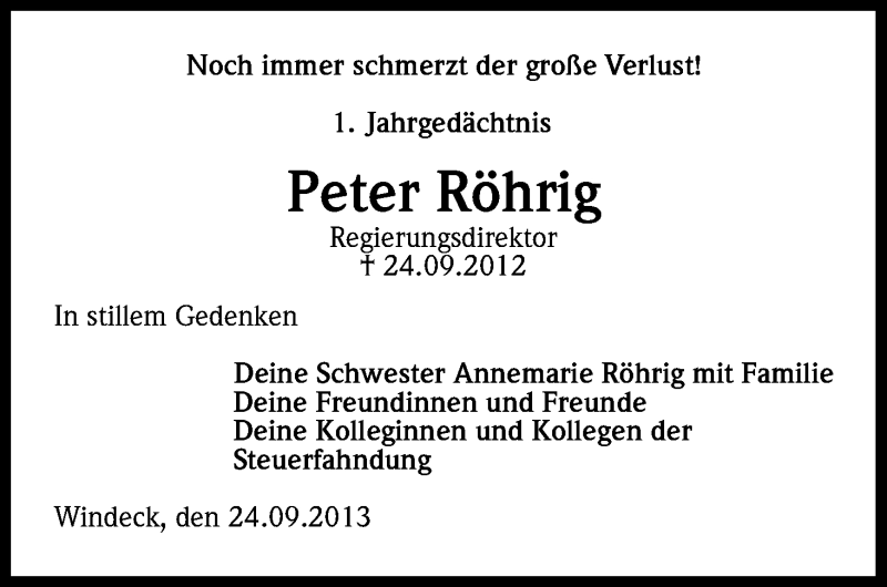  Traueranzeige für Peter Röhrig vom 24.09.2013 aus Kölner Stadt-Anzeiger / Kölnische Rundschau / Express