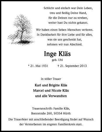 Anzeige von Inge Kläs von Kölner Stadt-Anzeiger / Kölnische Rundschau / Express