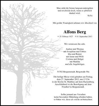 Anzeige von Alfons Berg von Kölner Stadt-Anzeiger / Kölnische Rundschau / Express
