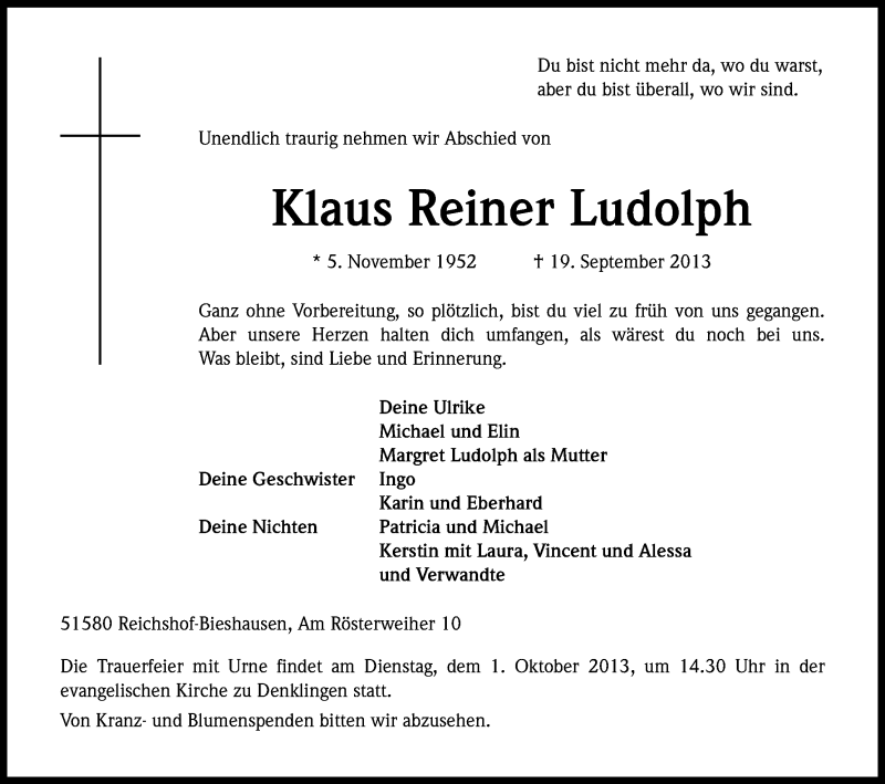  Traueranzeige für Klaus Reiner Ludolph vom 26.09.2013 aus Kölner Stadt-Anzeiger / Kölnische Rundschau / Express