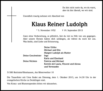 Anzeige von Klaus Reiner Ludolph von Kölner Stadt-Anzeiger / Kölnische Rundschau / Express
