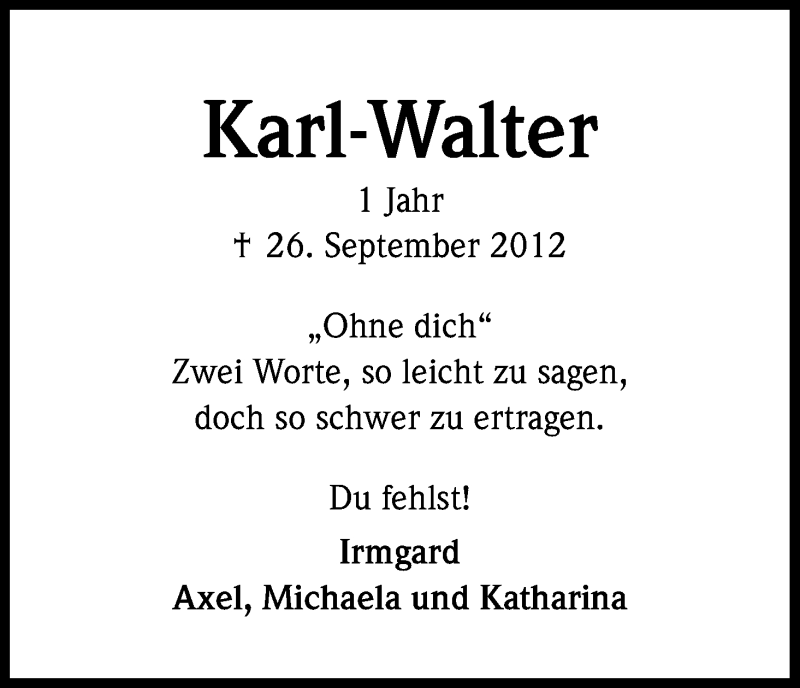  Traueranzeige für Karl-Walter Köster vom 26.09.2013 aus Kölner Stadt-Anzeiger / Kölnische Rundschau / Express