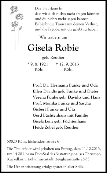 Anzeige von Gisela Robie von Kölner Stadt-Anzeiger / Kölnische Rundschau / Express