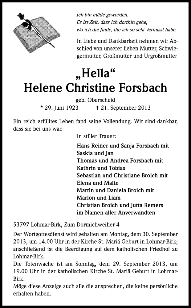  Traueranzeige für Helene Forsbach vom 24.09.2013 aus Kölner Stadt-Anzeiger / Kölnische Rundschau / Express