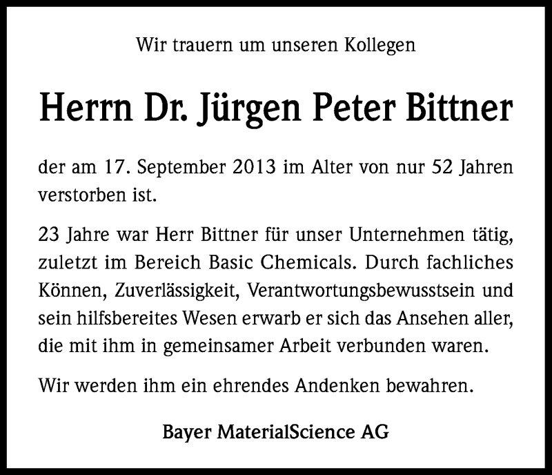  Traueranzeige für Jürgen Peter Bittner vom 24.09.2013 aus Kölner Stadt-Anzeiger / Kölnische Rundschau / Express