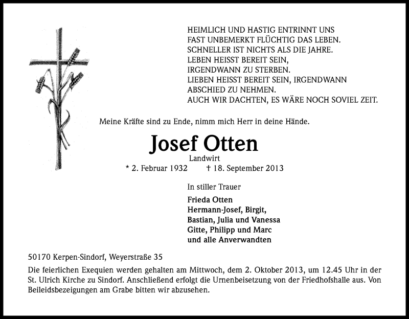  Traueranzeige für Josef Otten vom 28.09.2013 aus Kölner Stadt-Anzeiger / Kölnische Rundschau / Express