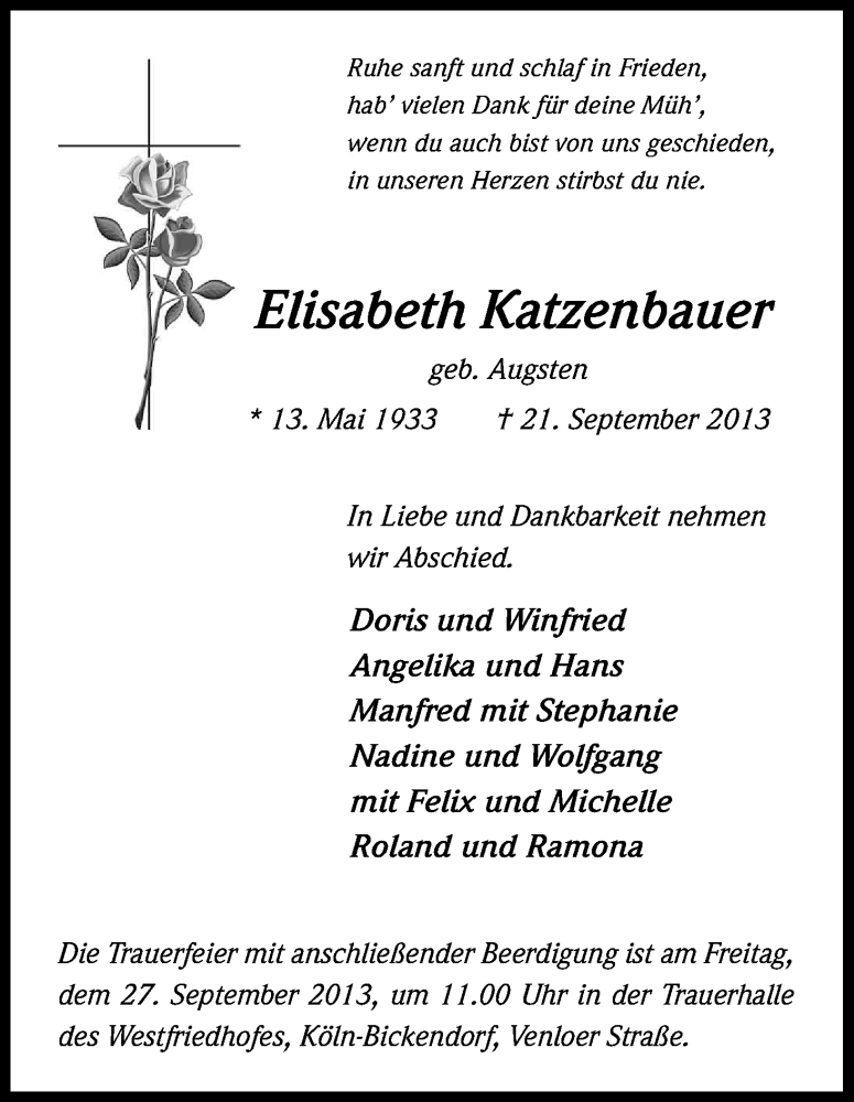  Traueranzeige für Elisabeth Katzenbauer vom 25.09.2013 aus Kölner Stadt-Anzeiger / Kölnische Rundschau / Express