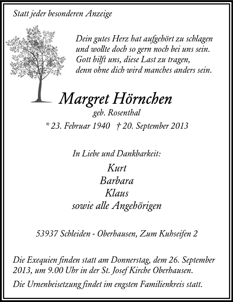  Traueranzeige für Margret Hörnchen vom 24.09.2013 aus Kölner Stadt-Anzeiger / Kölnische Rundschau / Express