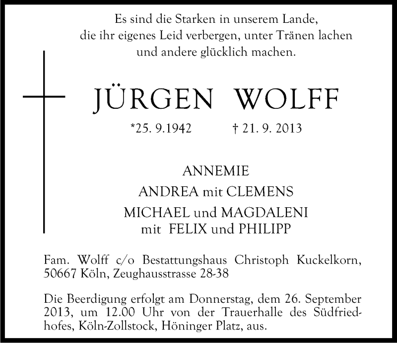  Traueranzeige für Jürgen Wolff vom 24.09.2013 aus Kölner Stadt-Anzeiger / Kölnische Rundschau / Express