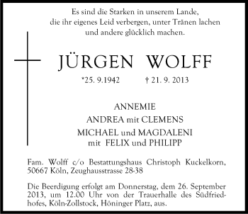 Anzeige von Jürgen Wolff von Kölner Stadt-Anzeiger / Kölnische Rundschau / Express