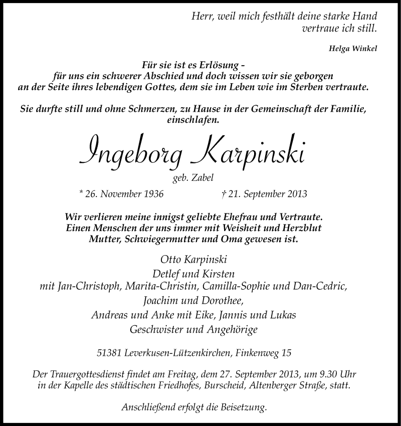  Traueranzeige für Ingeborg Karpinski vom 24.09.2013 aus Kölner Stadt-Anzeiger / Kölnische Rundschau / Express