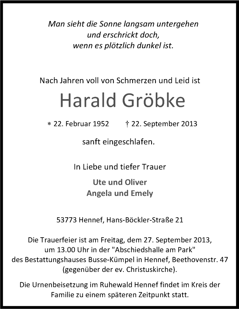  Traueranzeige für Harald Gröbke vom 24.09.2013 aus Kölner Stadt-Anzeiger / Kölnische Rundschau / Express