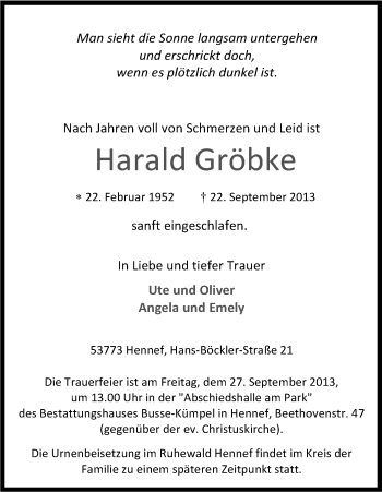 Anzeige von Harald Gröbke von Kölner Stadt-Anzeiger / Kölnische Rundschau / Express