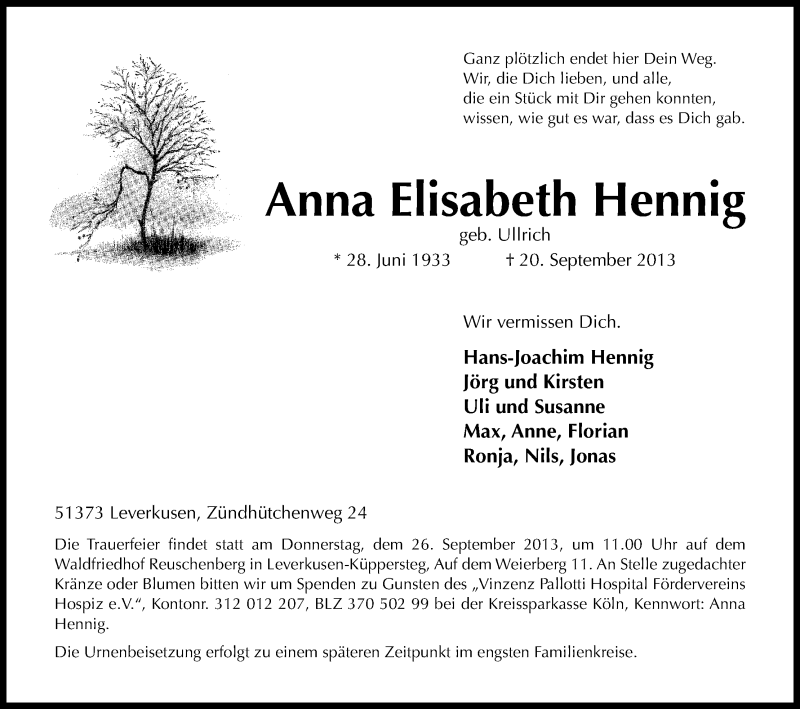  Traueranzeige für Anna Elisabeth Hennig vom 24.09.2013 aus Kölner Stadt-Anzeiger / Kölnische Rundschau / Express