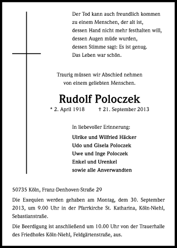 Anzeige von Rudolf Poloczek von Kölner Stadt-Anzeiger / Kölnische Rundschau / Express