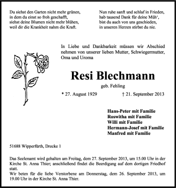 Anzeige von Resi Blechmann von Kölner Stadt-Anzeiger / Kölnische Rundschau / Express