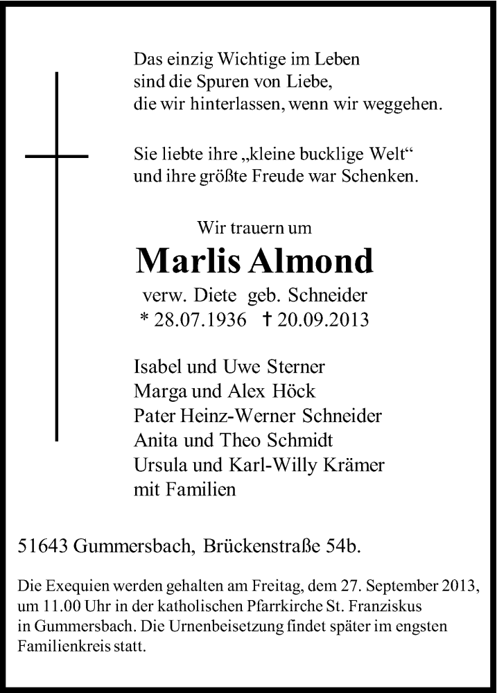  Traueranzeige für Marlis Almond vom 24.09.2013 aus Kölner Stadt-Anzeiger / Kölnische Rundschau / Express
