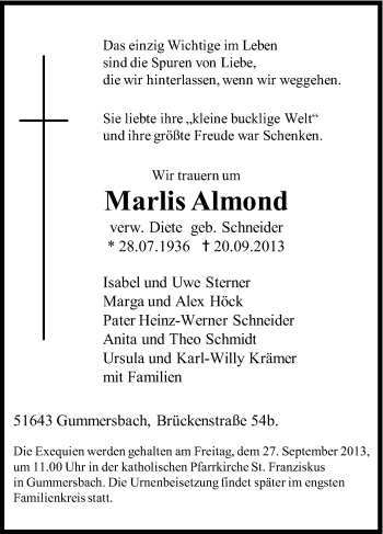Anzeige von Marlis Almond von Kölner Stadt-Anzeiger / Kölnische Rundschau / Express