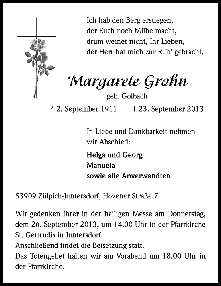  Traueranzeige für Margarete Grohn vom 24.09.2013 aus Kölner Stadt-Anzeiger / Kölnische Rundschau / Express