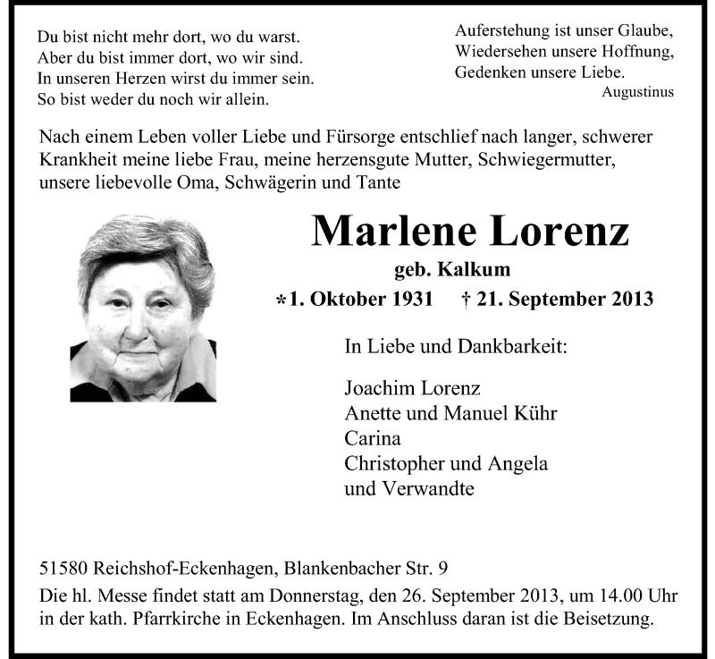  Traueranzeige für Marlene Lorenz vom 24.09.2013 aus Kölner Stadt-Anzeiger / Kölnische Rundschau / Express