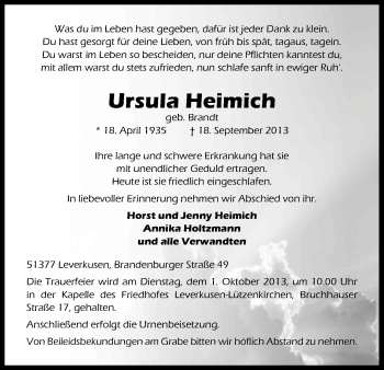 Anzeige von Ursula Heimich von Kölner Stadt-Anzeiger / Kölnische Rundschau / Express