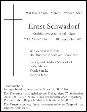 Anzeige von Ernst Schwadorf von Kölner Stadt-Anzeiger / Kölnische Rundschau / Express