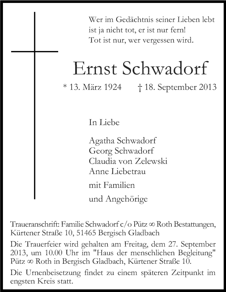  Traueranzeige für Ernst Schwadorf vom 25.09.2013 aus Kölner Stadt-Anzeiger / Kölnische Rundschau / Express