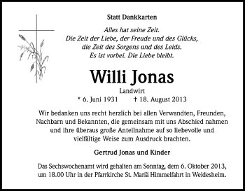 Anzeige von Willi Jonas von Kölner Stadt-Anzeiger / Kölnische Rundschau / Express