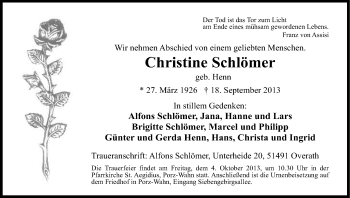 Anzeige von Christine Schömer von Kölner Stadt-Anzeiger / Kölnische Rundschau / Express