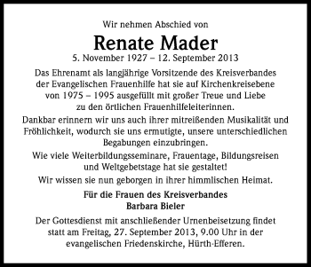 Anzeige von Renate Mader von Kölner Stadt-Anzeiger / Kölnische Rundschau / Express