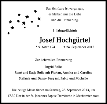 Anzeige von Josef Hochgürtel von Kölner Stadt-Anzeiger / Kölnische Rundschau / Express