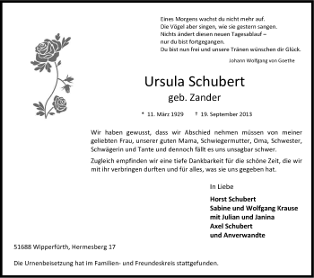 Anzeige von Ursula Schubert von Kölner Stadt-Anzeiger / Kölnische Rundschau / Express