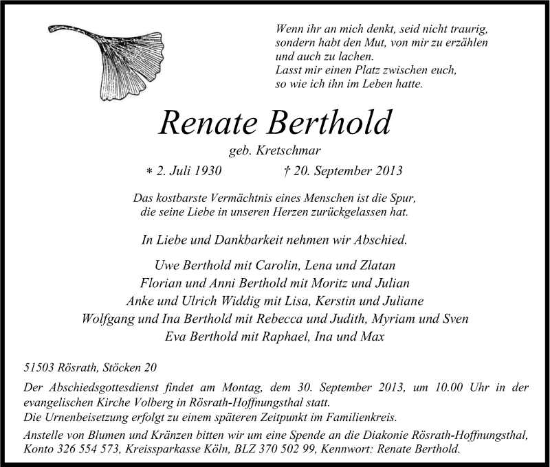 Traueranzeige für Renate Berthold vom 25.09.2013 aus Kölner Stadt-Anzeiger / Kölnische Rundschau / Express