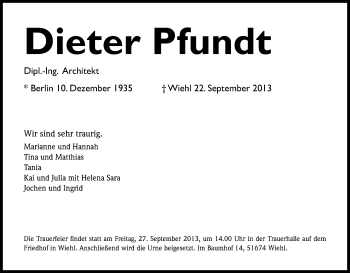 Anzeige von Dieter Pfundt von Kölner Stadt-Anzeiger / Kölnische Rundschau / Express