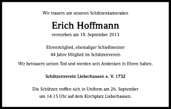Anzeige von Erich Hoffmann von Kölner Stadt-Anzeiger / Kölnische Rundschau / Express