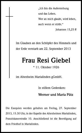 Anzeige von Resi Giebel von Kölner Stadt-Anzeiger / Kölnische Rundschau / Express