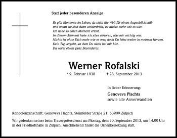 Anzeige von Werner Rofalski von Kölner Stadt-Anzeiger / Kölnische Rundschau / Express