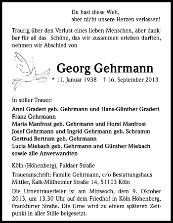 Anzeige von Georg Gehrmann von Kölner Stadt-Anzeiger / Kölnische Rundschau / Express