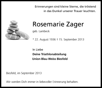 Anzeige von Rosemarie Zager von Kölner Stadt-Anzeiger / Kölnische Rundschau / Express