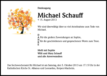 Anzeige von Michael Schauff von Kölner Stadt-Anzeiger / Kölnische Rundschau / Express