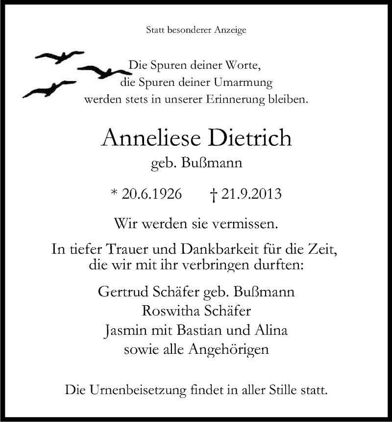  Traueranzeige für Anneliese Dietrich vom 28.09.2013 aus Kölner Stadt-Anzeiger / Kölnische Rundschau / Express