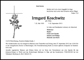 Anzeige von Irmgard Koschwitz von Kölner Stadt-Anzeiger / Kölnische Rundschau / Express
