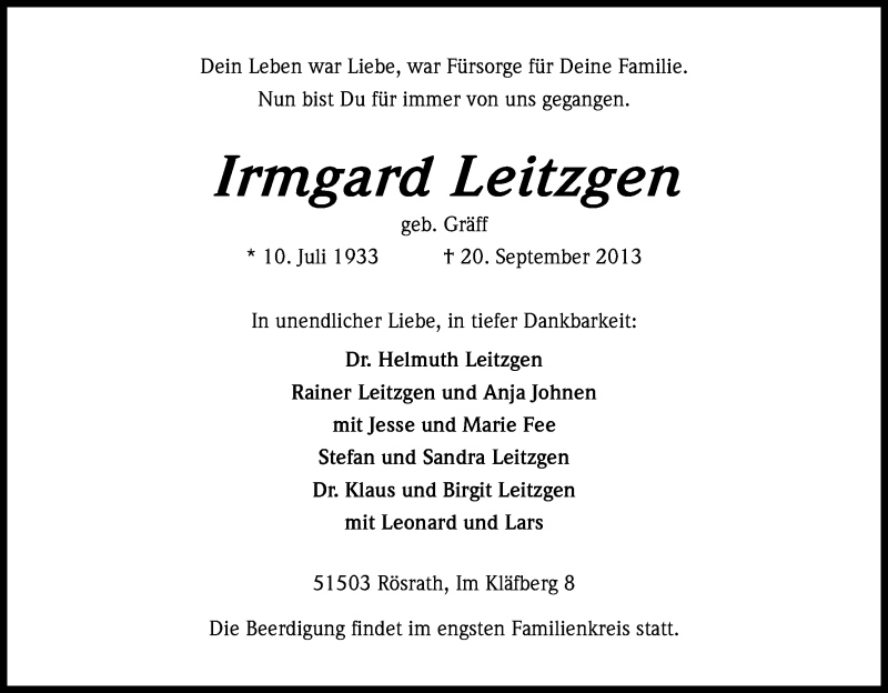  Traueranzeige für Irmgard Leitzgen vom 25.09.2013 aus Kölner Stadt-Anzeiger / Kölnische Rundschau / Express