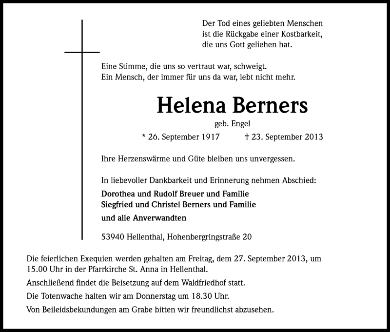  Traueranzeige für Helena Berners vom 25.09.2013 aus Kölner Stadt-Anzeiger / Kölnische Rundschau / Express