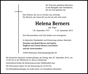Anzeige von Helena Berners von Kölner Stadt-Anzeiger / Kölnische Rundschau / Express