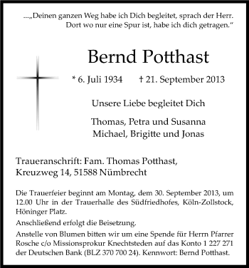 Anzeige von Bernd Potthast von Kölner Stadt-Anzeiger / Kölnische Rundschau / Express